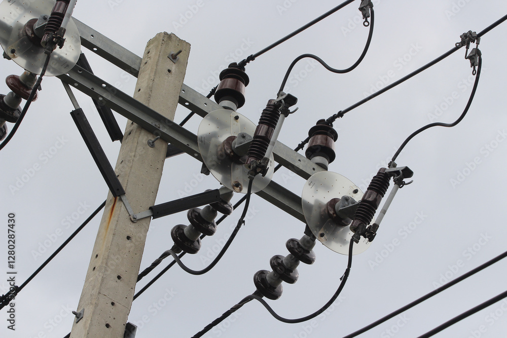 Electric Power Infrastructure: An up-close view of a utility pole adorned with a network of electrical wires, insulators, and transformers against a pale sky backdrop. Electric Power Infrastructure: An up-close view of a utility pole adorned with a network of electrical wires, insulators, and transformers against a pale sky backdrop.