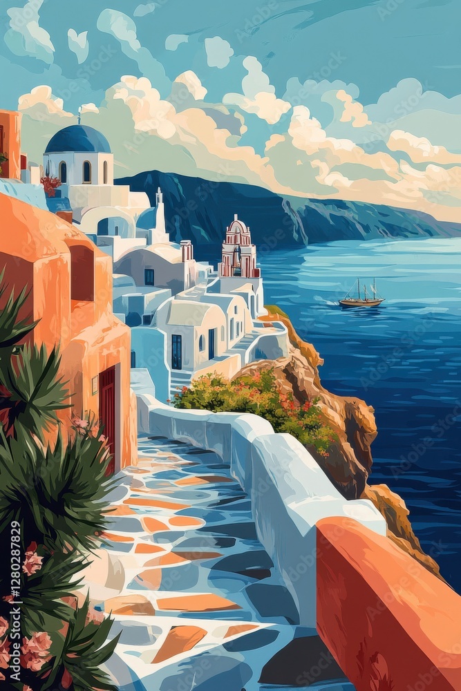 Obraz premium Stunning coastal view of Santorini with traditional architecture, colorful pathways, and boats on the azure sea during a bright afternoon