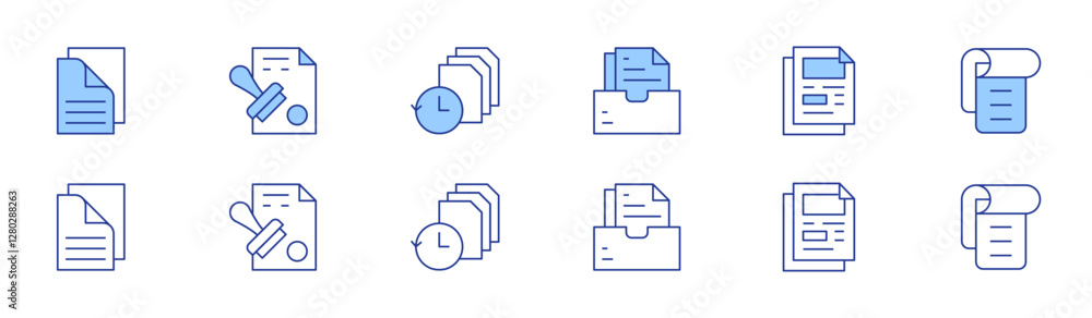 Document icon set in two styles, Duotone and Thin Line style. Editable stroke. documents, contract, files, document, paper, temporary files Document icon set in two styles, Duotone and Thin Line style. Editable stroke. documents, contract, files, document, paper, temporary files
