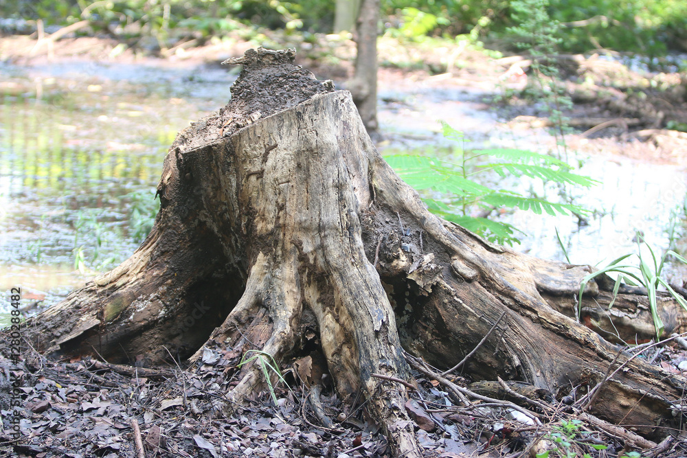 Tree Stump's silent resilience: A close-up showcases the rugged texture of a tree stump, a testament to nature's resilience, against a blurry natural backdrop. Tree Stump's silent resilience: A close-up showcases the rugged texture of a tree stump, a testament to nature's resilience, against a blurry natural backdrop.