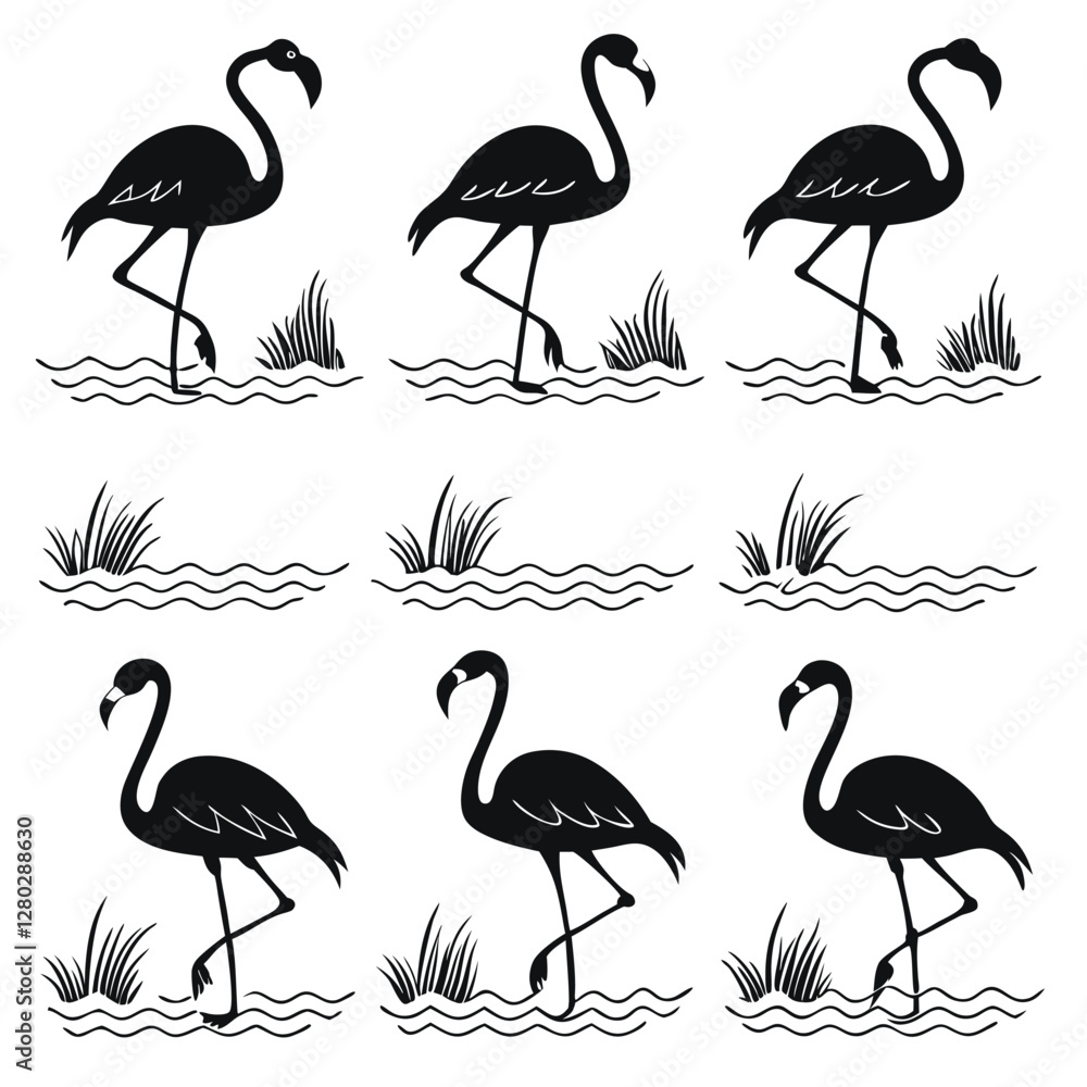 Obraz premium Flamingo Silhouette Vector Art: Black & White Flamingo Illustration Set for Graphic Design, Tropical Bird Clip Art, Water Birds, Nature Elements