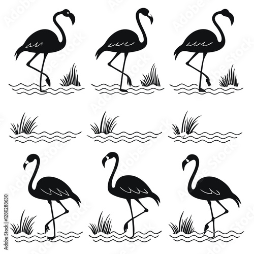 Flamingo Silhouette Vector Art: Black & White Flamingo Illustration Set for Graphic Design, Tropical Bird Clip Art, Water Birds, Nature Elements