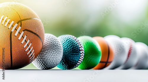 A colorful arrangement of various sports balls on a table with a blurred green background photo