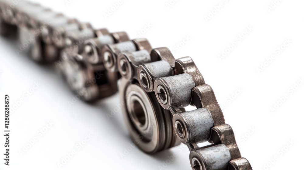 Close-up of a metallic chain and bearing on white background. Close-up of a metallic chain and bearing on white background.