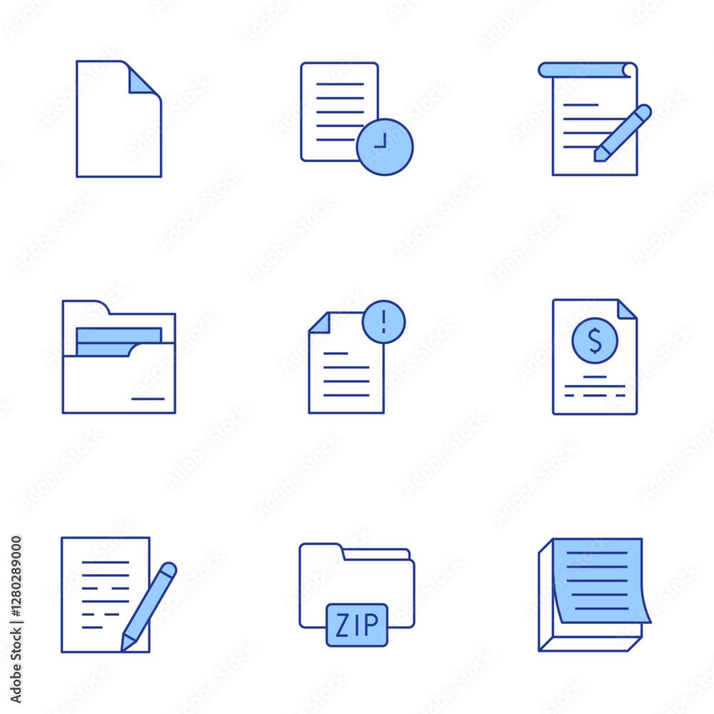 Document icons set. Line Duotone style, editable stroke. new document, file, archive, contact form, zip file, folder, post it, application, quote request Document icons set. Line Duotone style, editable stroke. new document, file, archive, contact form, zip file, folder, post it, application, quote request
