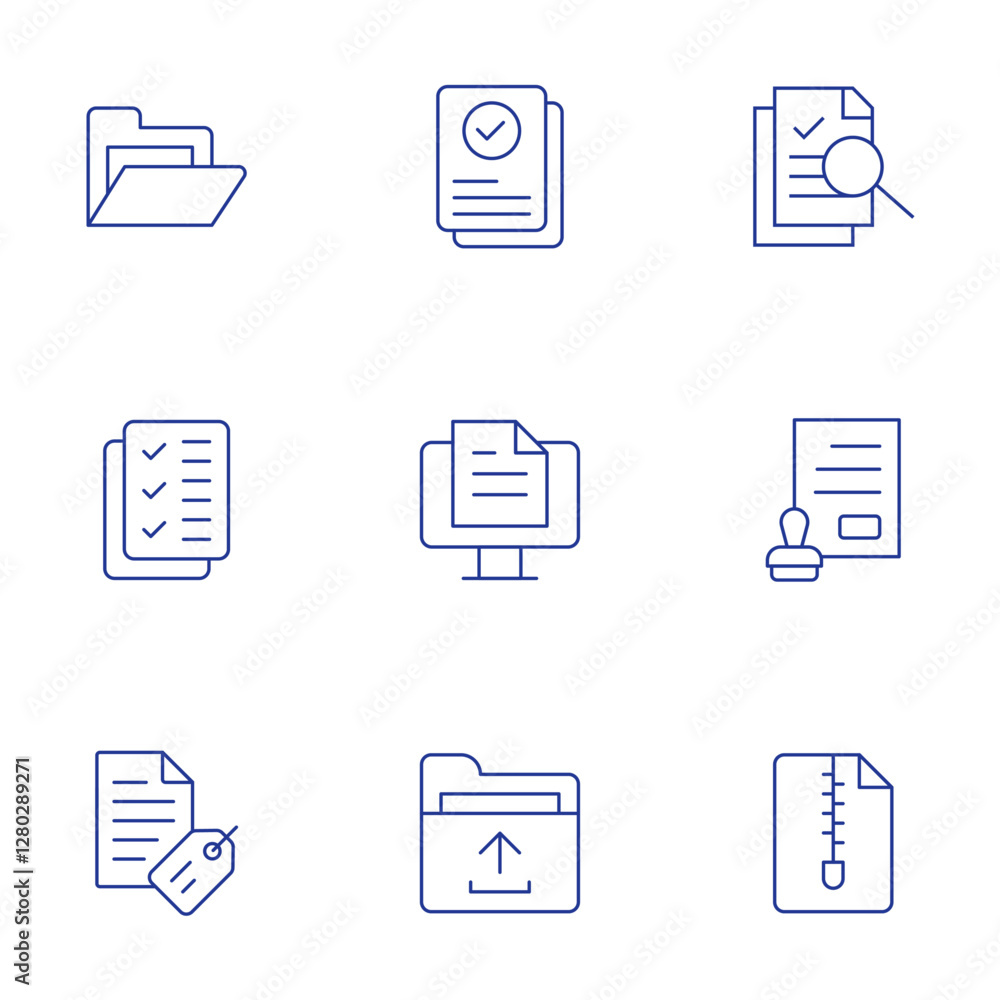 Document icons set. Thin Line style, editable stroke. research, folder, zip, to do list, computer, file, label, official documents Document icons set. Thin Line style, editable stroke. research, folder, zip, to do list, computer, file, label, official documents