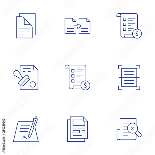 Document icons set. Thin Line style, editable stroke. documents, contract, sign, transfer, price list, scanner, document