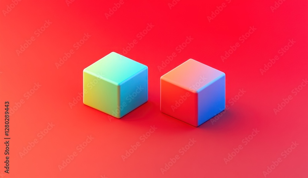 Obraz premium Two pastel cubes on red background.