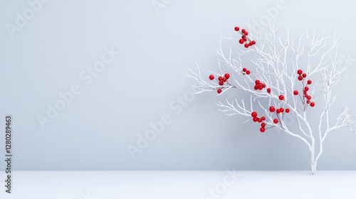 Elegant white tree with red berries minimalist design indoor setting calm environment artistic composition