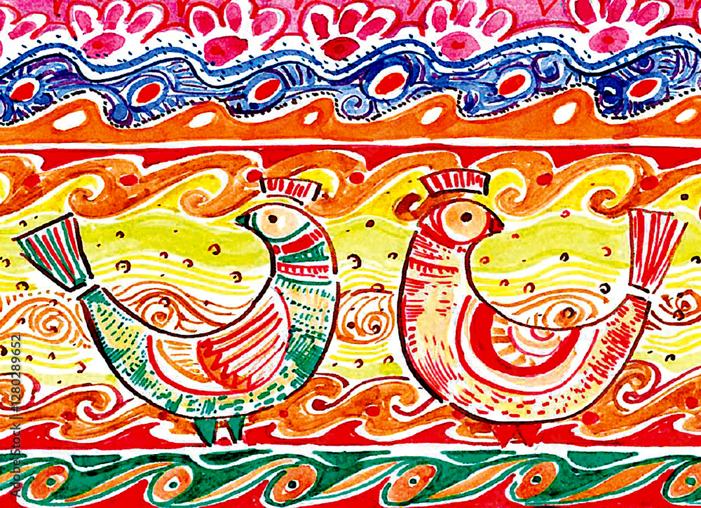 Fototapeta premium Set of two decorative birds. Ornamental background. Social birds filled with ornaments. Red, green, yellow, black outline. Folk style. Placed opposite each other. Look in different directions.