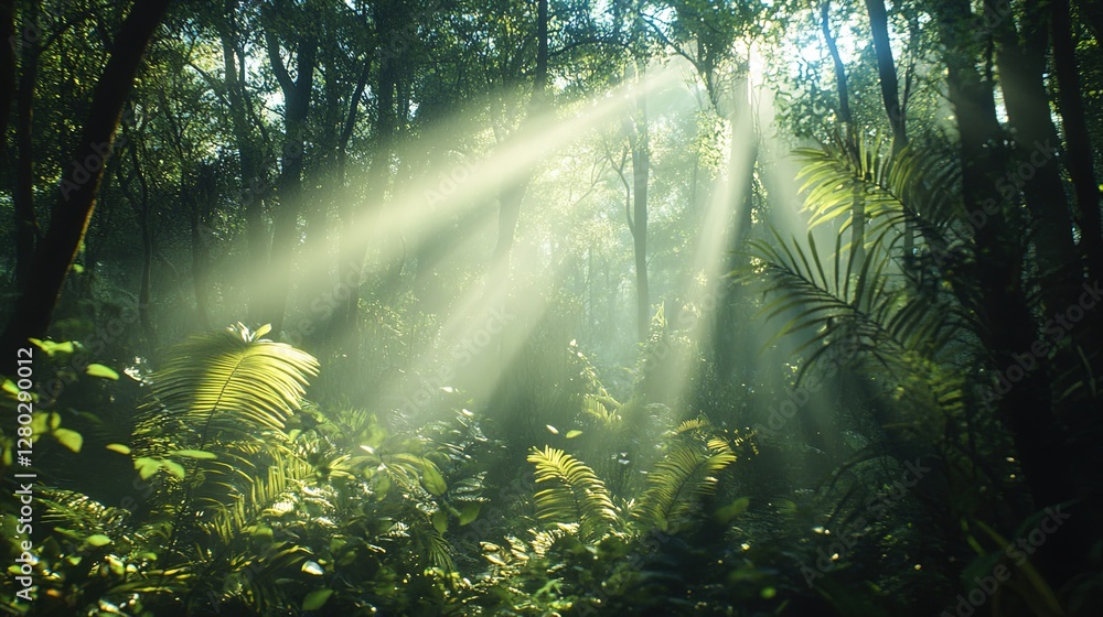 Obraz premium Lush forest with light filtering through trees, conservation message 