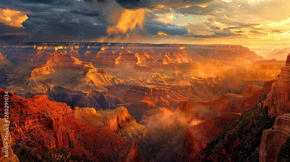 Fototapeta premium Majestic Grand Canyon Landscape at Sunset with Dramatic Clouds and Warm Lighting Over Rugged Rocky Terrain