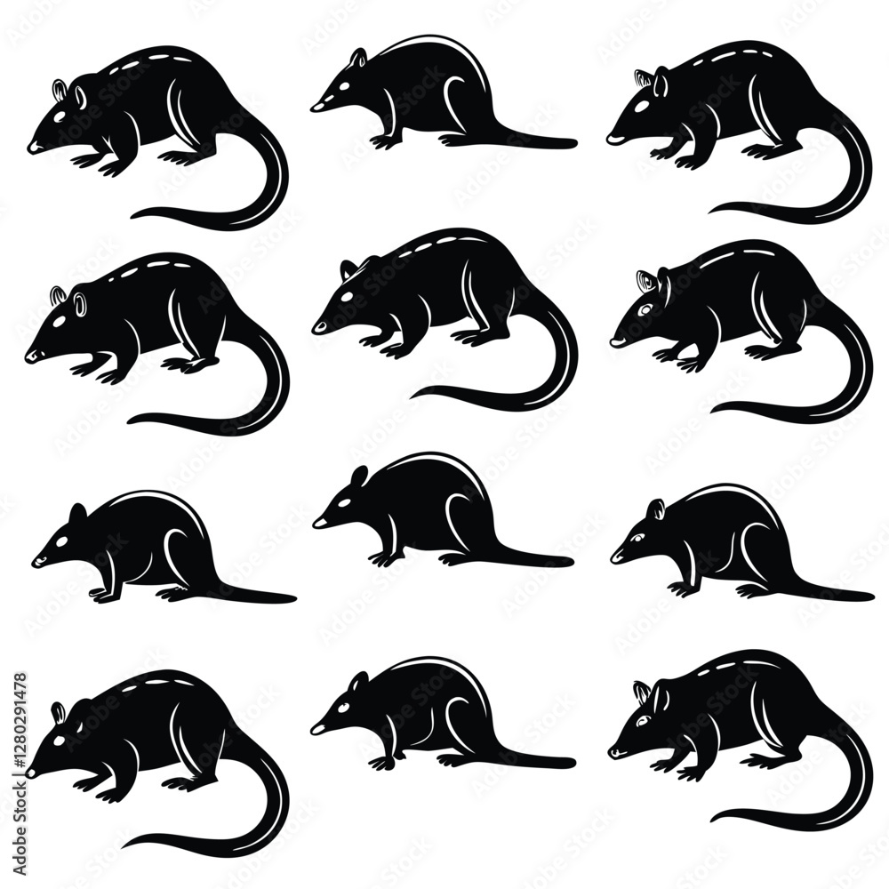Fototapeta premium Black Silhouette Rat Vector Pattern: Rodent Illustration, Animal Graphic Design, Pest Control Image, Isolated on White Background