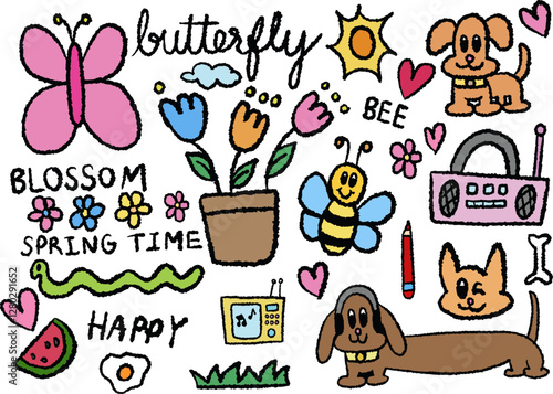 Hand drawn crayon illustrations of puppy, butterfly, bee, radio, cat, tulip flowers, TV, worm, fried egg, heart for cartoon characters, comic, cute patch, spring time, blossom, stickers, pet, nature