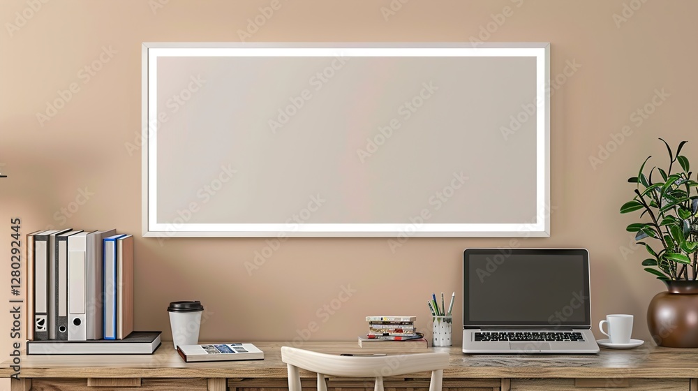 A white rectangular frame above a desk in a home office, with a laptop, a coffee cup, and a few books next to it. HD 8K mockup wallpaper Photographic Image A white rectangular frame above a desk in a home office, with a laptop, a coffee cup, and a few books next to it. HD 8K mockup wallpaper Photographic Image