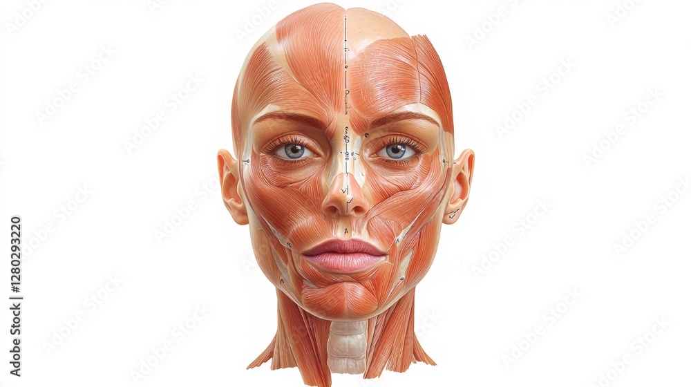 Detailed medical illustration of female facial anatomy with Botox injection points clearly marked for educational purposes. Generative AI Detailed medical illustration of female facial anatomy with Botox injection points clearly marked for educational purposes. Generative AI