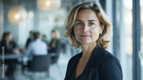 Wallpaper Mural A confident middle-aged European woman stands in a modern office, exuding professionalism and elegance, surrounded by a dynamic business environment. Torontodigital.ca