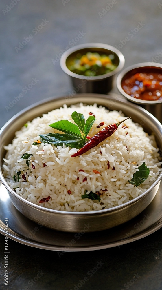 Authentic South Indian Meal Steamed Rice Curry and Chutney on Banana Leaf Authentic South Indian Meal Steamed Rice Curry and Chutney on Banana Leaf