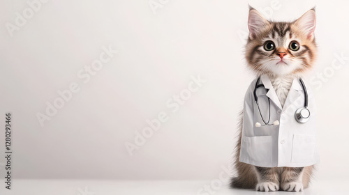 cute cat dressed as doctor wearing lab coat and stethoscope