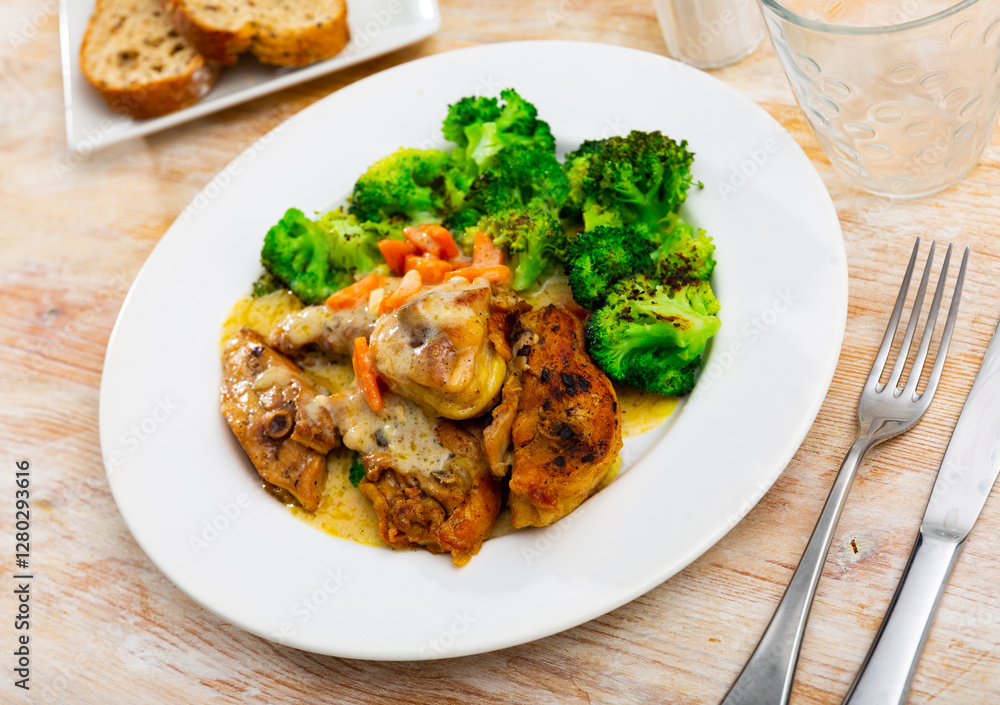 Pieces of chicken legs stewed in creamy sauce with carrots and spices are complemented with boiled broccoli. Hearty and simple dish is served with slices of baguette, cutlery, and drink glass. Pieces of chicken legs stewed in creamy sauce with carrots and spices are complemented with boiled broccoli. Hearty and simple dish is served with slices of baguette, cutlery, and drink glass.