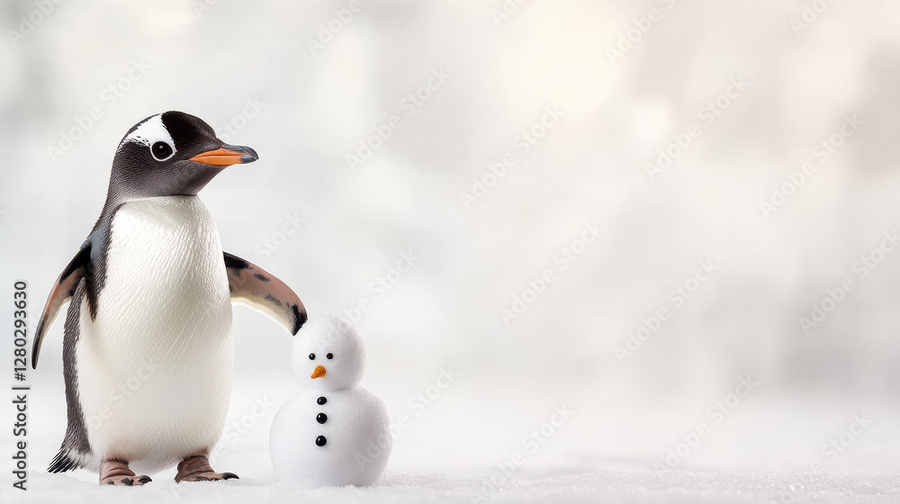 Obraz premium curious penguin builds tiny snowman in snowy landscape