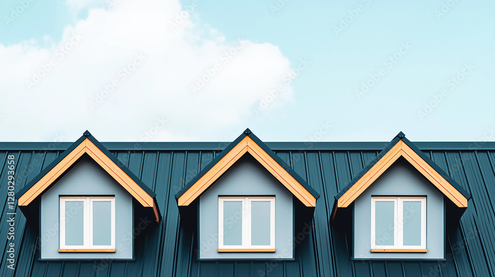 A minimalist view of three houses with triangular roofs against a bright blue sky.