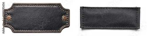 A black leather tag with a metal pin is shown next to a black patch of denim. The tag is rectangular and has a brown border. The denim patch is square and has a black and white design