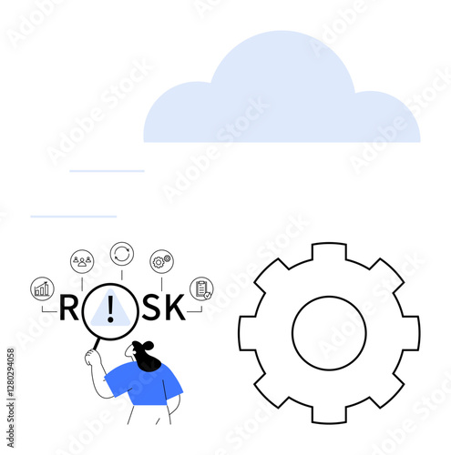 Person examining risk-related icons with magnifying glass near gear and cloud. Ideal for risk management, business strategy, analytics, decision-making, problem-solving, operations enhancement
