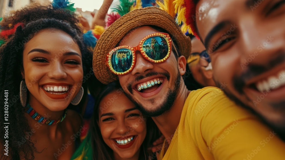 Fototapeta premium A group of people dressed in colorful attire, smile and pose for a selfie at a lively carnival event. Fictional Character Created By Generative AI