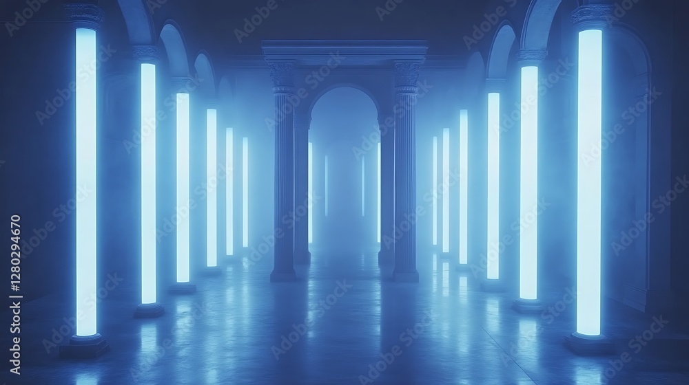 Fototapeta premium Glowing Columns Illuminate Classical Hallway