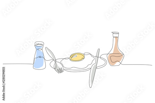 Minimalist continuous one line drawing of a breakfast scene, featuring a fried egg on a plate,a spork, knife, salt shaker, and a sauce bottle. Simple, elegant food illustration. Vector Editable stroke