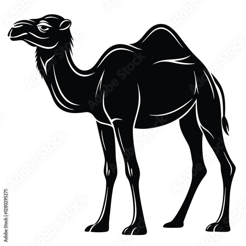Black Silhouette of a Dromedary Camel Illustration: Detailed Vector Image of a One-Humped Camel for Desert Wildlife & Animal Designs