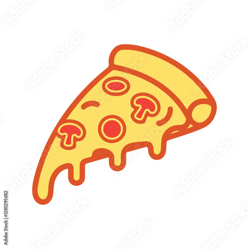 A simple black and white line drawing of a slice of pizza. The slice has a slightly curved crust, melted cheese dripping from the edges, and toppings such as pepperoni and a mushroom. The design is mi
