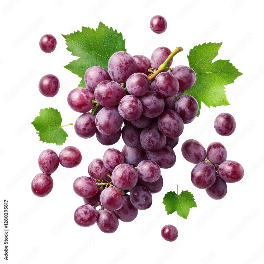 Fototapeta premium Purple grape clusters and leaves flying mid-air, isolate on white background. PNG.