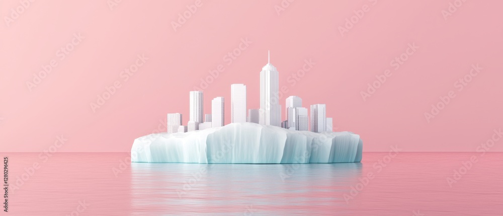 Globalization and environment concept. Surreal cityscape on an icy surface with a pink background. Globalization and environment concept. Surreal cityscape on an icy surface with a pink background.