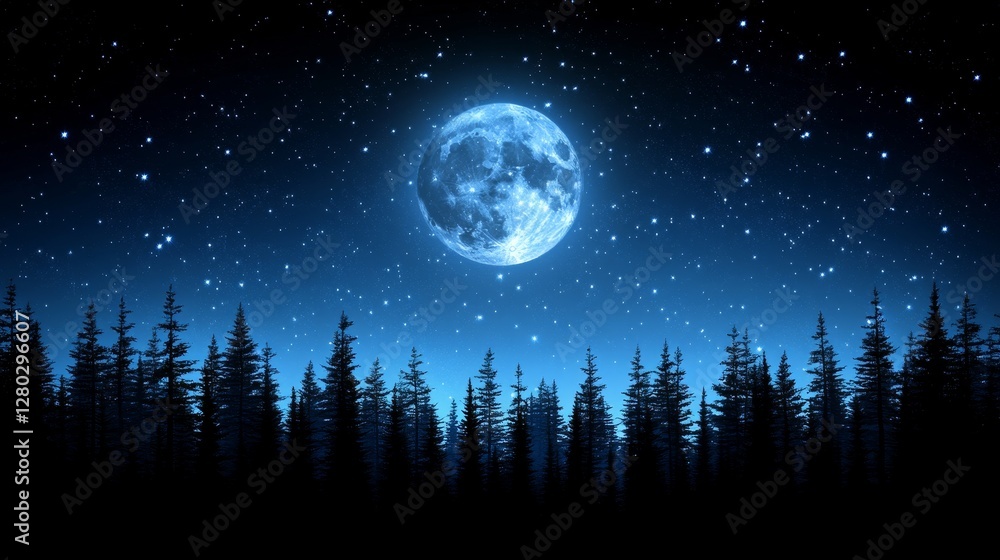 Fototapeta premium Serene nocturnal woodland under a brilliant moon and twinkling starscape inviting dreams of nature and quiet contemplation