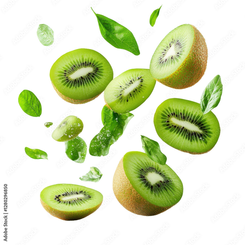 Fototapeta premium Kiwi fruit leaves flying mid-air, isolate on white background. PNG.