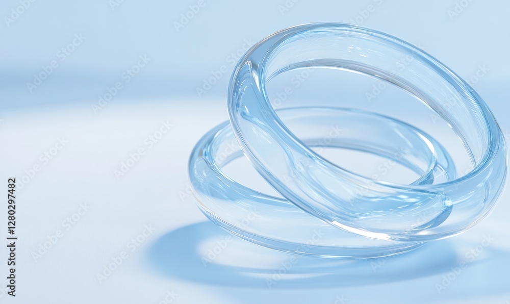 Fototapeta premium Two translucent blue glass rings on a light blue background.
