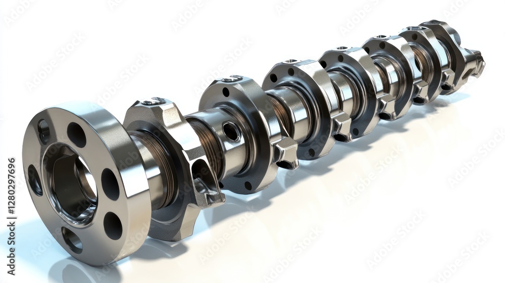 Close-up of a shiny, chrome crankshaft, isolated on white. Close-up of a shiny, chrome crankshaft, isolated on white.