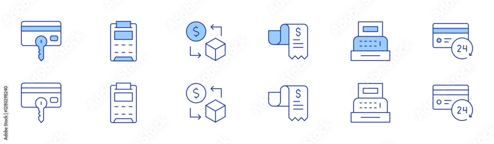 Payment icon set in two styles, Duotone and Thin Line style. Editable stroke. bill, cash register, credit card, payment, pos terminal, sell Payment icon set in two styles, Duotone and Thin Line style. Editable stroke. bill, cash register, credit card, payment, pos terminal, sell
