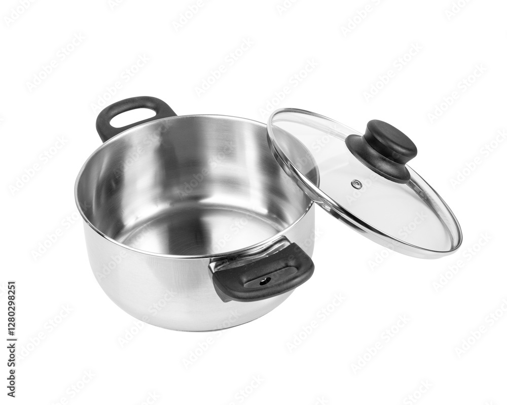 New Cooking Pot Isolated, Metal Saucepan with Glass Lid, Soup Kitchenware, Shiny Stainless Cooking Pot New Cooking Pot Isolated, Metal Saucepan with Glass Lid, Soup Kitchenware, Shiny Stainless Cooking Pot