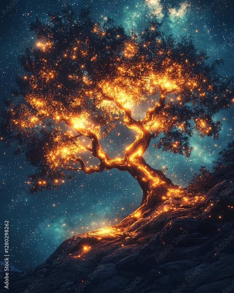 Illuminated tree of life enchanted forest fantasy art night sky magical dreamlike scene Illuminated tree of life enchanted forest fantasy art night sky magical dreamlike scene