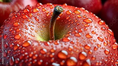 Close-up of a wet apple, with droplets, studio shot, apples in background