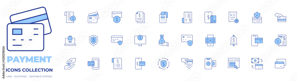 Payment icons collection. Line Duotone style, editable stroke. bill, card payment, contactless, credit card, credit card payment, file, mobile payment Payment icons collection. Line Duotone style, editable stroke. bill, card payment, contactless, credit card, credit card payment, file, mobile payment