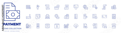 Payment icons collection. Thin Line icons, editable stroke. bank, bill, calculator, calendar, car sharing, cashless, cloud banking, coins, contactless, money