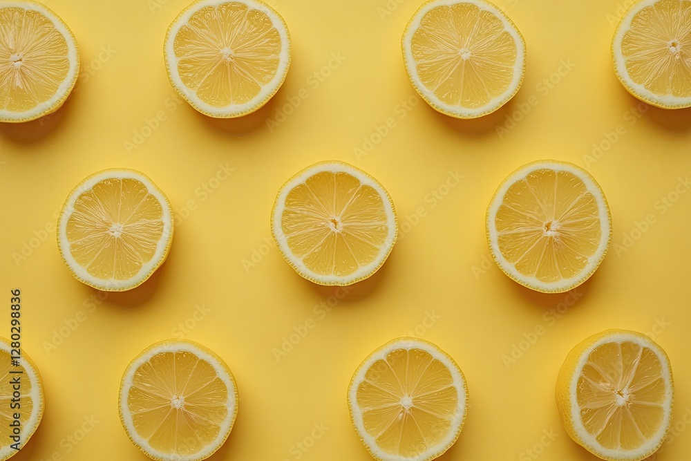 Fototapeta premium Lemon slices arranged on a yellow background