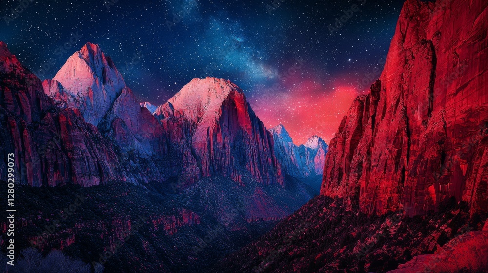 Fototapeta premium Majestic Mountains Under Starry Night Sky Surrounded by Red-Hued Canyons in a Dramatic Landscape
