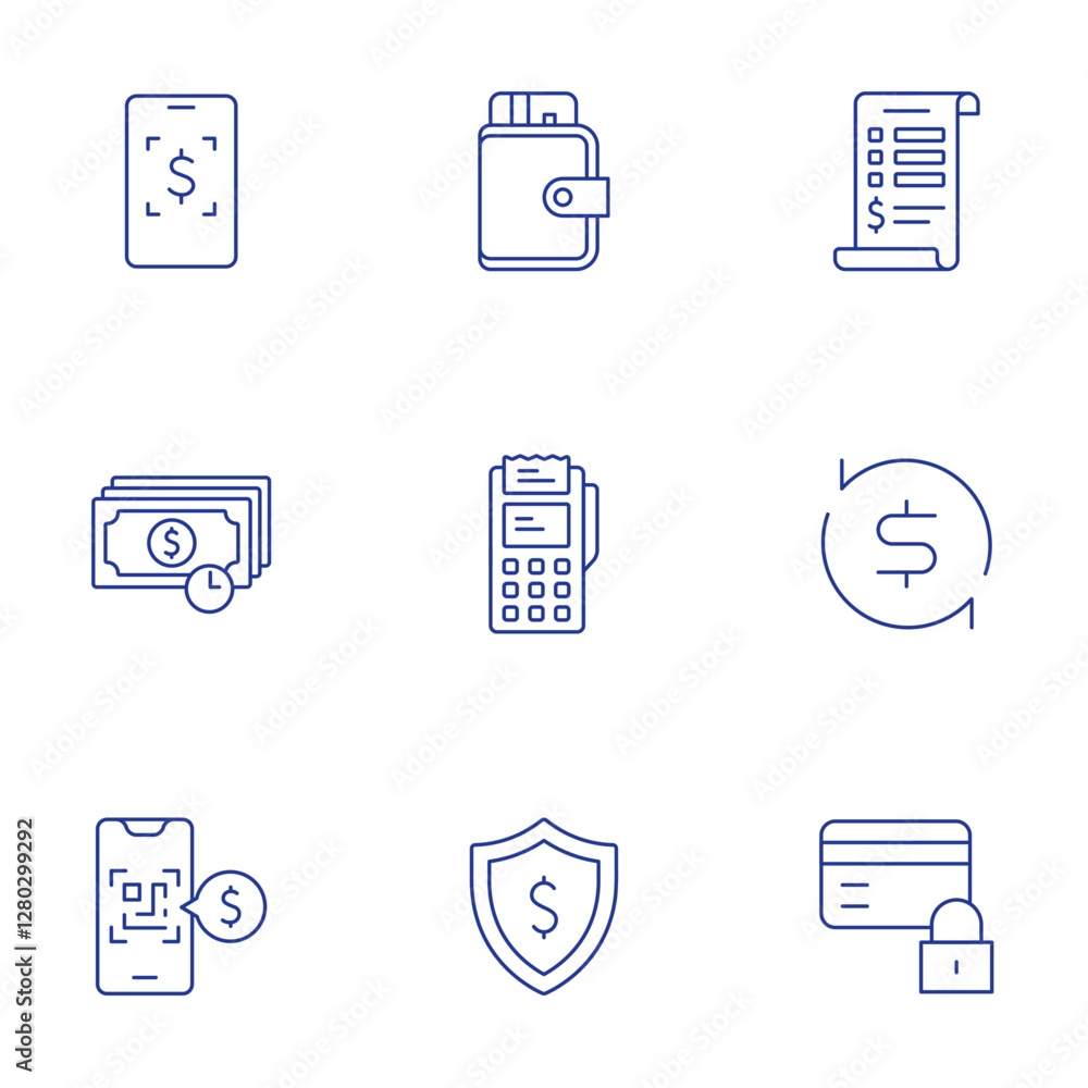 Payment icons set. Thin Line style, editable stroke. bill, cashback, credit card, payment, pos terminal, qr scan, shield, wallet Payment icons set. Thin Line style, editable stroke. bill, cashback, credit card, payment, pos terminal, qr scan, shield, wallet