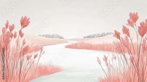 Delicate riverine illustration showcasing serene waterway and reeds in soft hues a tranquil botanical background for artistic nature design