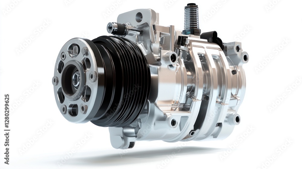 Close-up of a silver automotive air conditioning compressor, isolated on white background. Close-up of a silver automotive air conditioning compressor, isolated on white background.